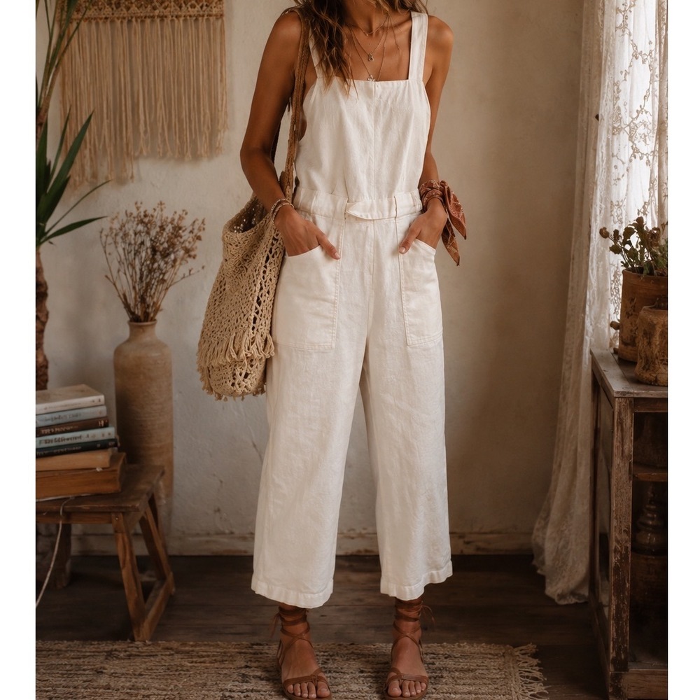 Copper Key White Denim Jumpsuit Wide Leg Boho Coastal Stretch Overalls XS ss